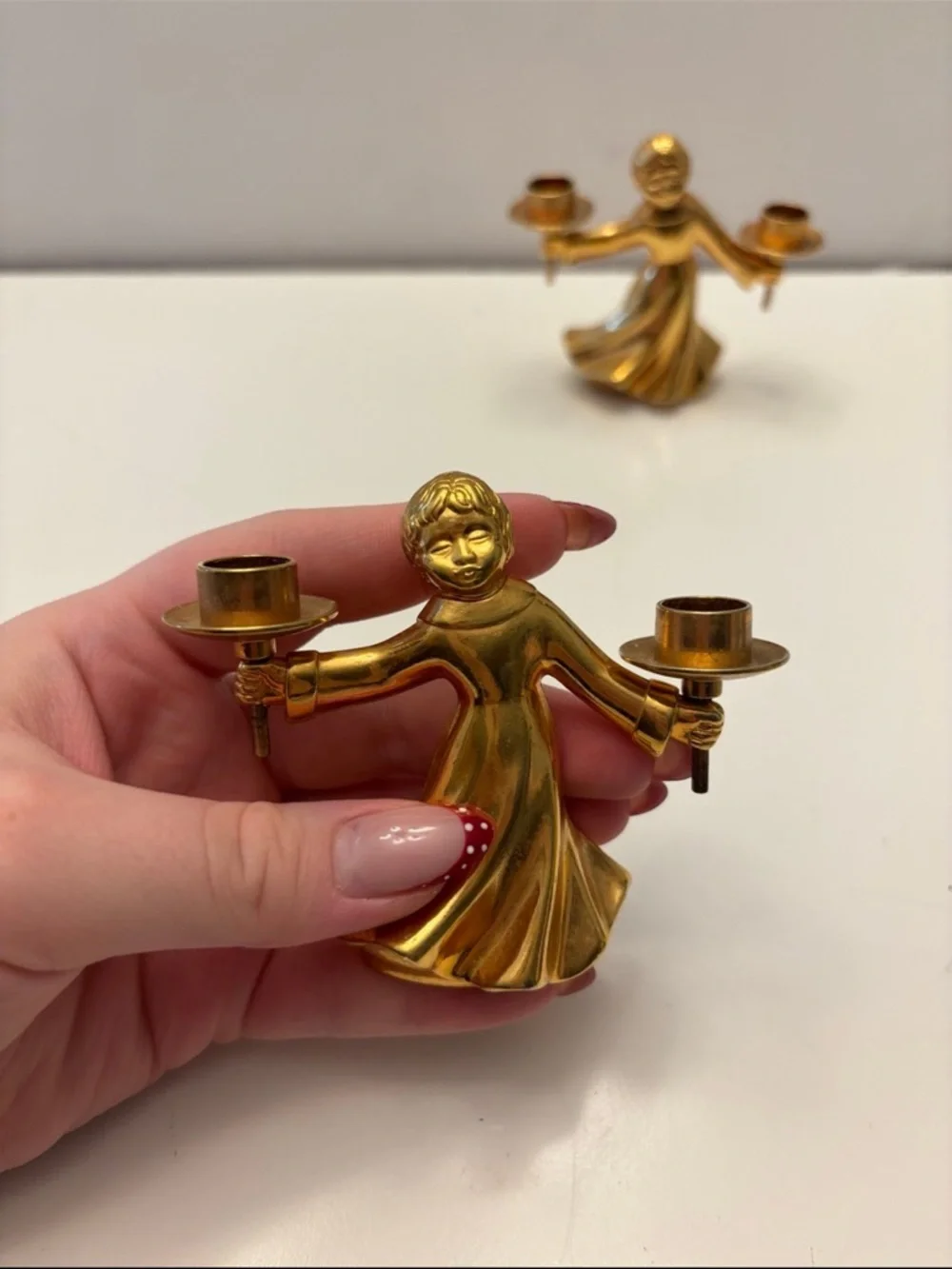 Brass Dancing Angel Double Candle Holder Pair